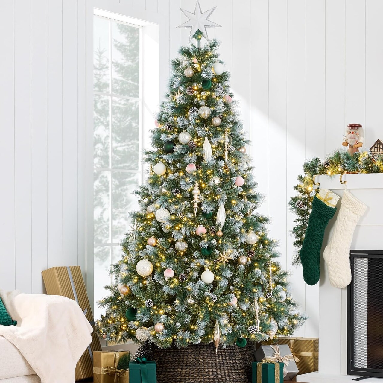 Pre Lit Full Scotch Pine Christmas Tree 1,500 Twinkling Micro LED Lights White & Multicolor, for Holiday Decor and Celebrations